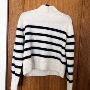 & Other Stories Cropped Mock Neck Knit Sweater - White/ Navy Striped